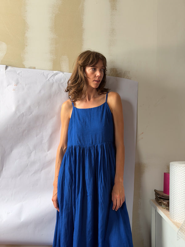 The Block Bloom Midi Dress-Cobalt Blue cotton jamdani dress by World of Crow in blue for women in Singapore