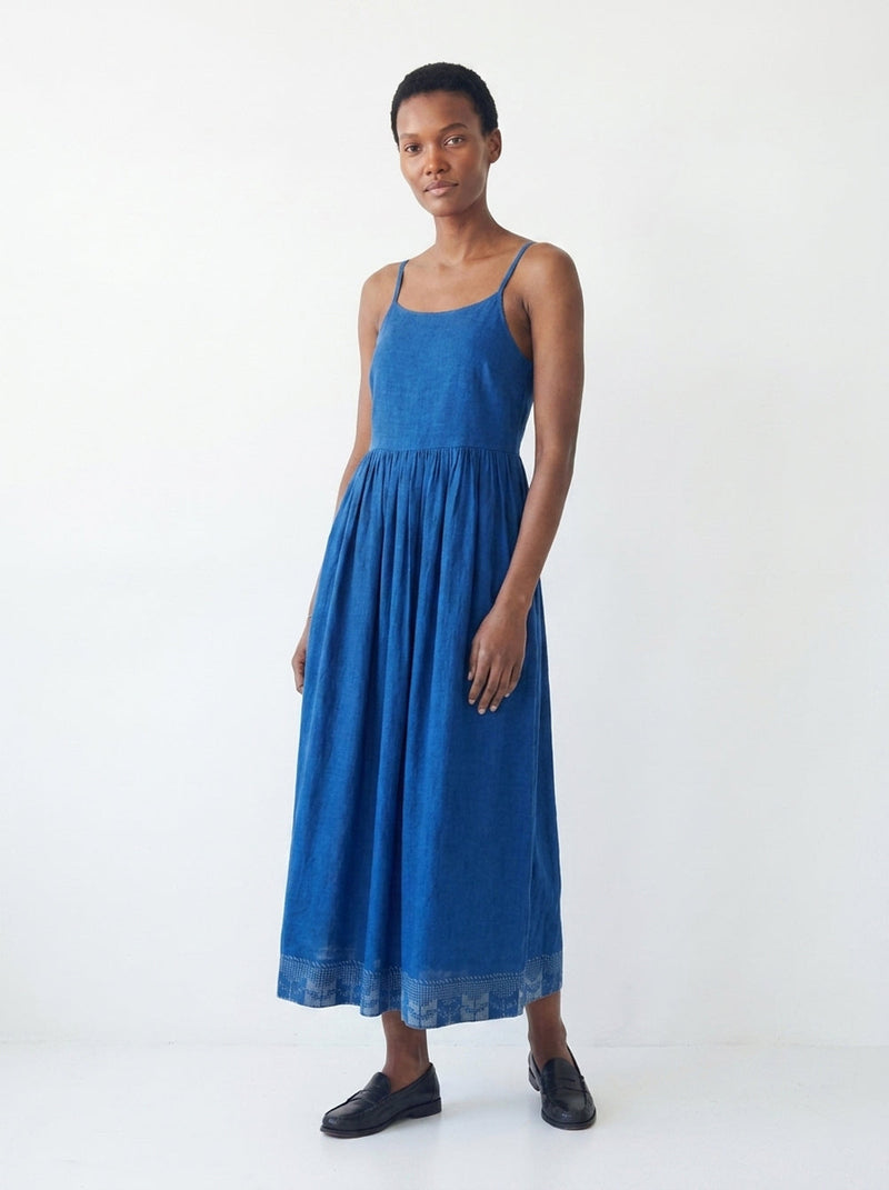 The Block Bloom Midi Dress-Cobalt Blue cotton jamdani dress by World of Crow in blue for women in Singapore