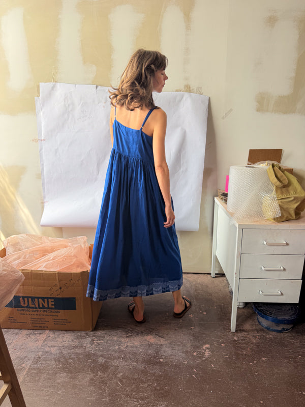 The Block Bloom Midi Dress-Cobalt Blue cotton jamdani dress by World of Crow in blue for women in Singapore