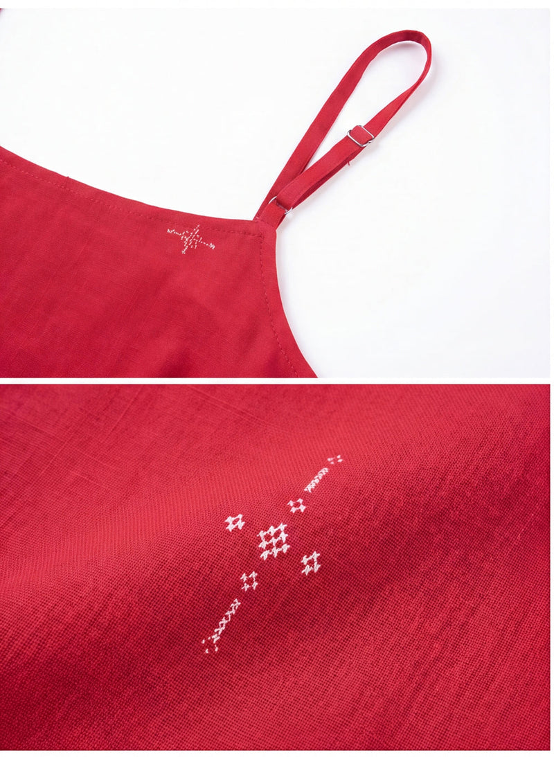 The Block Bloom Midi Dress-Red cotton jamdani dress by World of Crow in red for women in Singapore