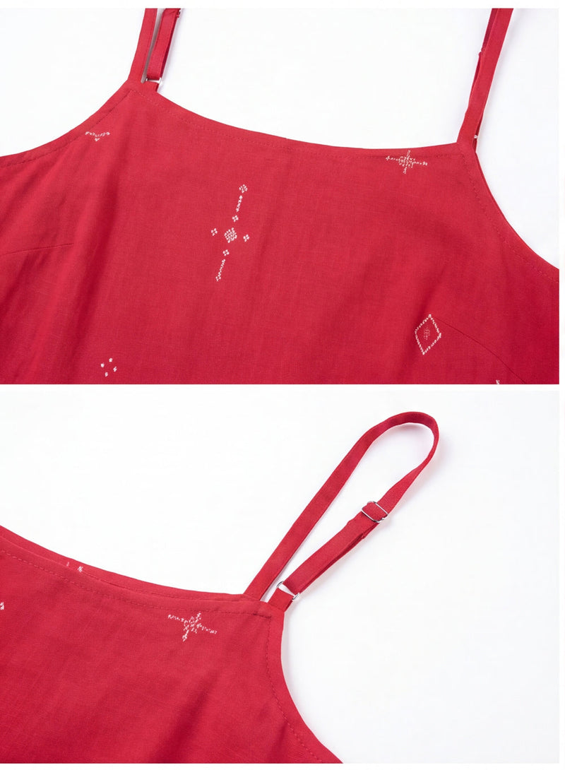 The Block Bloom Midi Dress-Red cotton jamdani dress by World of Crow in red for women in Singapore