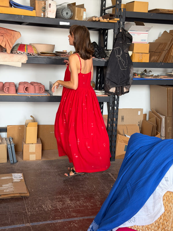 The Block Bloom Midi Dress-Red cotton jamdani dress by World of Crow in red for women in Singapore