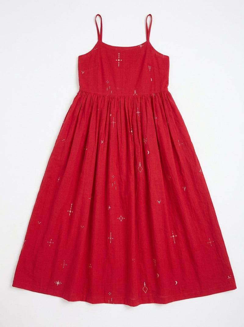 The Block Bloom Midi Dress-Red cotton jamdani dress by World of Crow in red for women in Singapore