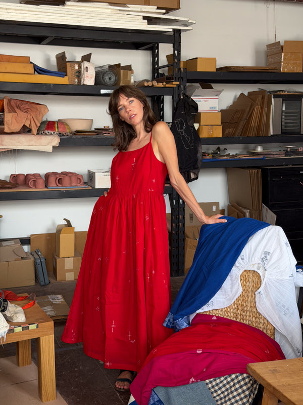 The Block Bloom Midi Dress-Red cotton jamdani dress by World of Crow in red for women in Singapore