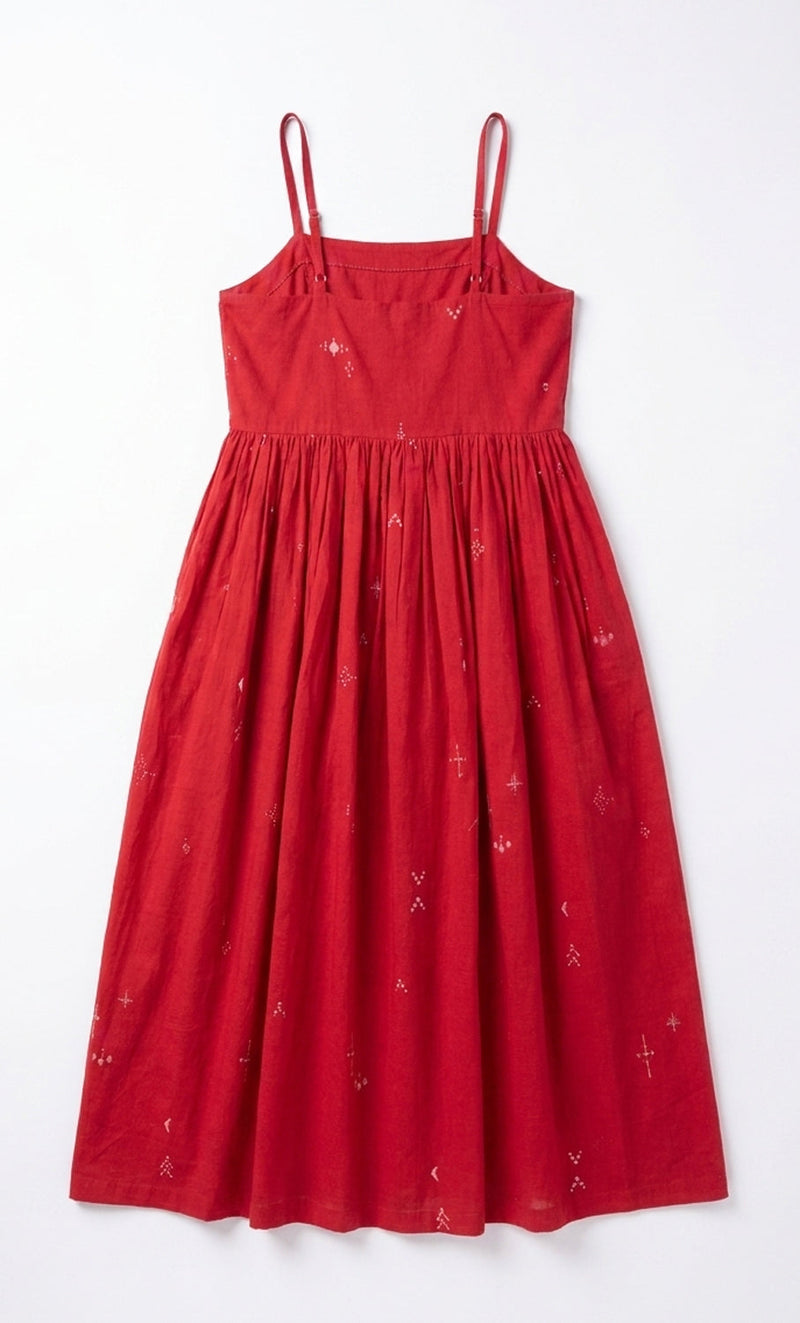 The Block Bloom Midi Dress-Red cotton jamdani dress by World of Crow in red for women in Singapore
