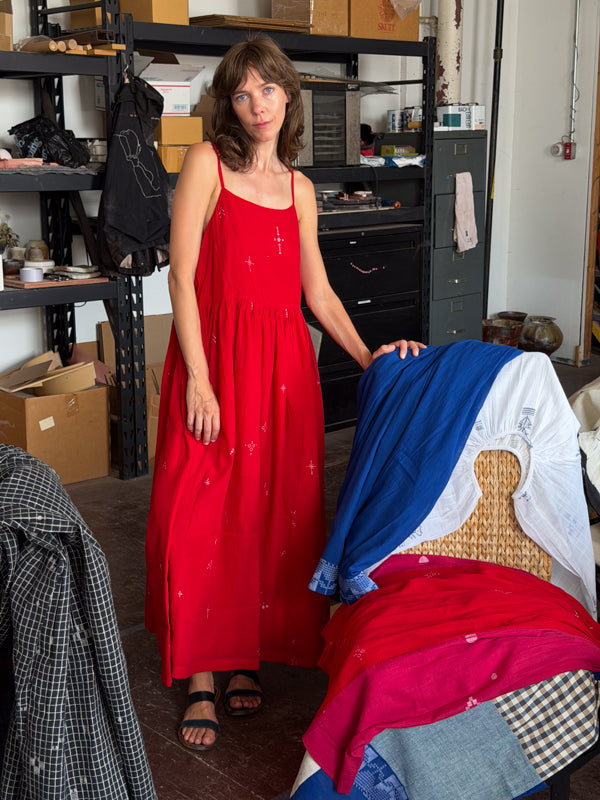 The Block Bloom Midi Dress-Red cotton jamdani dress by World of Crow in red for women in Singapore