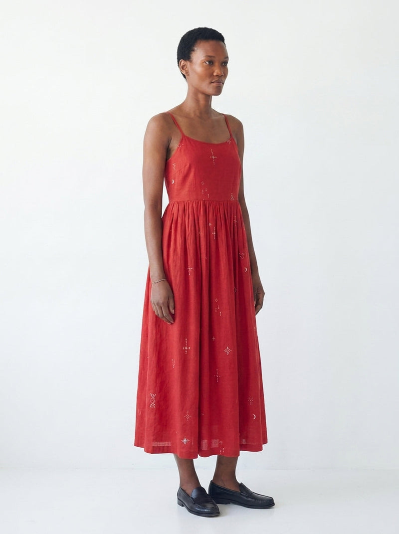 The Block Bloom Midi Dress-Red cotton jamdani dress by World of Crow in red for women in Singapore