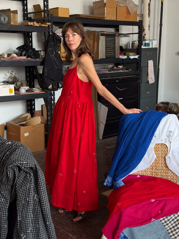 The Block Bloom Midi Dress-Red cotton jamdani dress by World of Crow in red for women in Singapore
