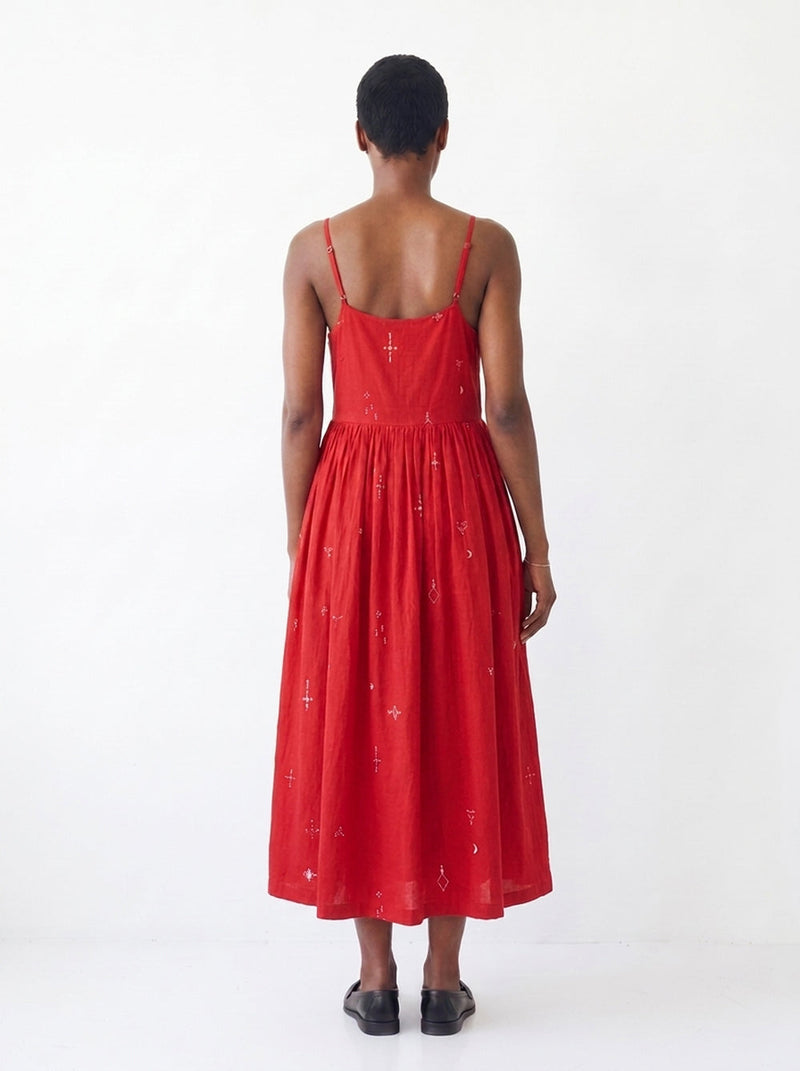 The Block Bloom Midi Dress-Red cotton jamdani dress by World of Crow in red for women in Singapore