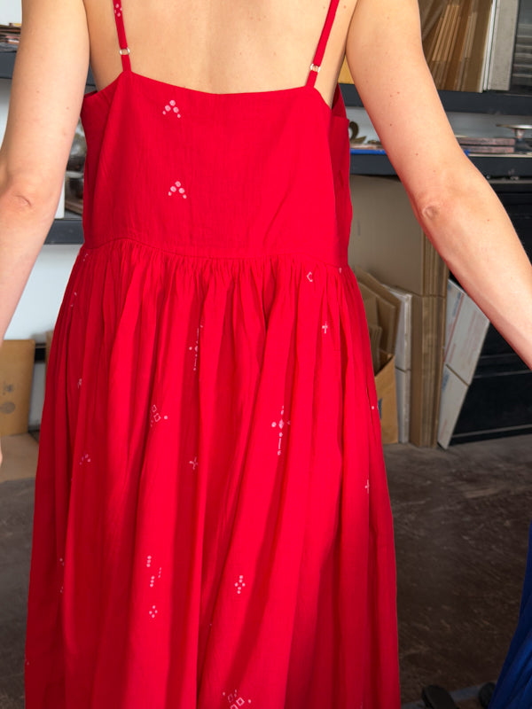 The Block Bloom Midi Dress-Red cotton jamdani dress by World of Crow in red for women in Singapore