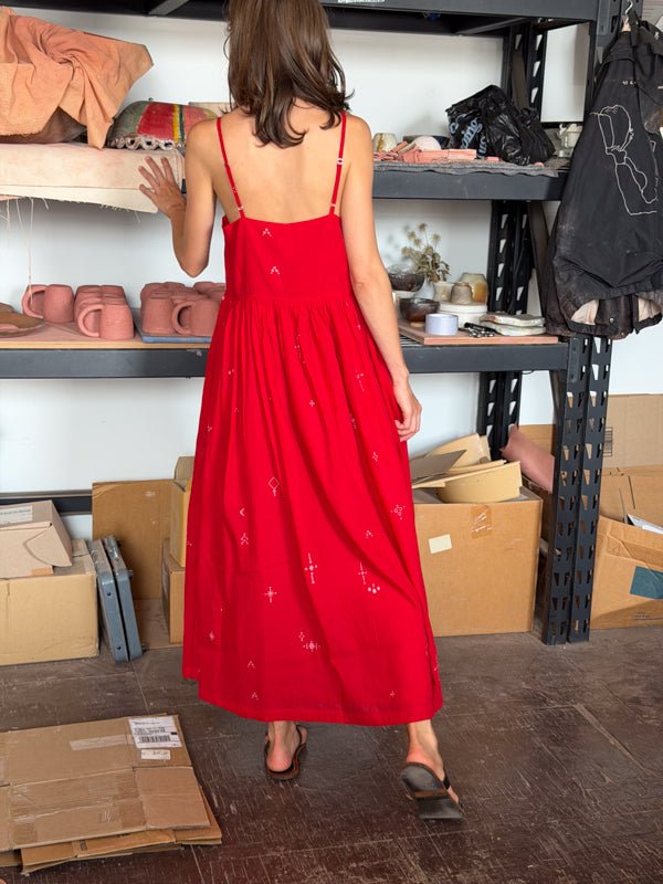 The Block Bloom Midi Dress-Red cotton jamdani dress by World of Crow in red for women in Singapore