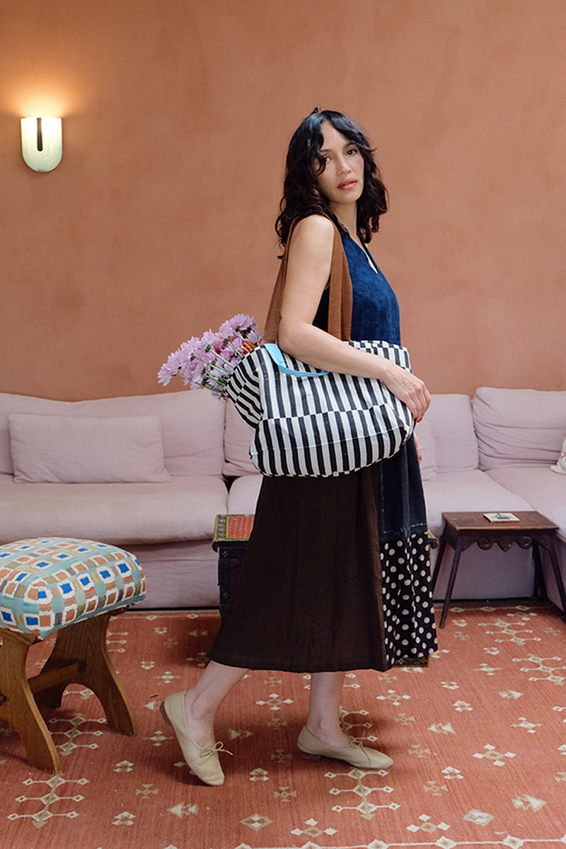 The Boat Bag-Monochrome Stripe hand block printed cotton bag by World of Crow in black,white for women in Singapore