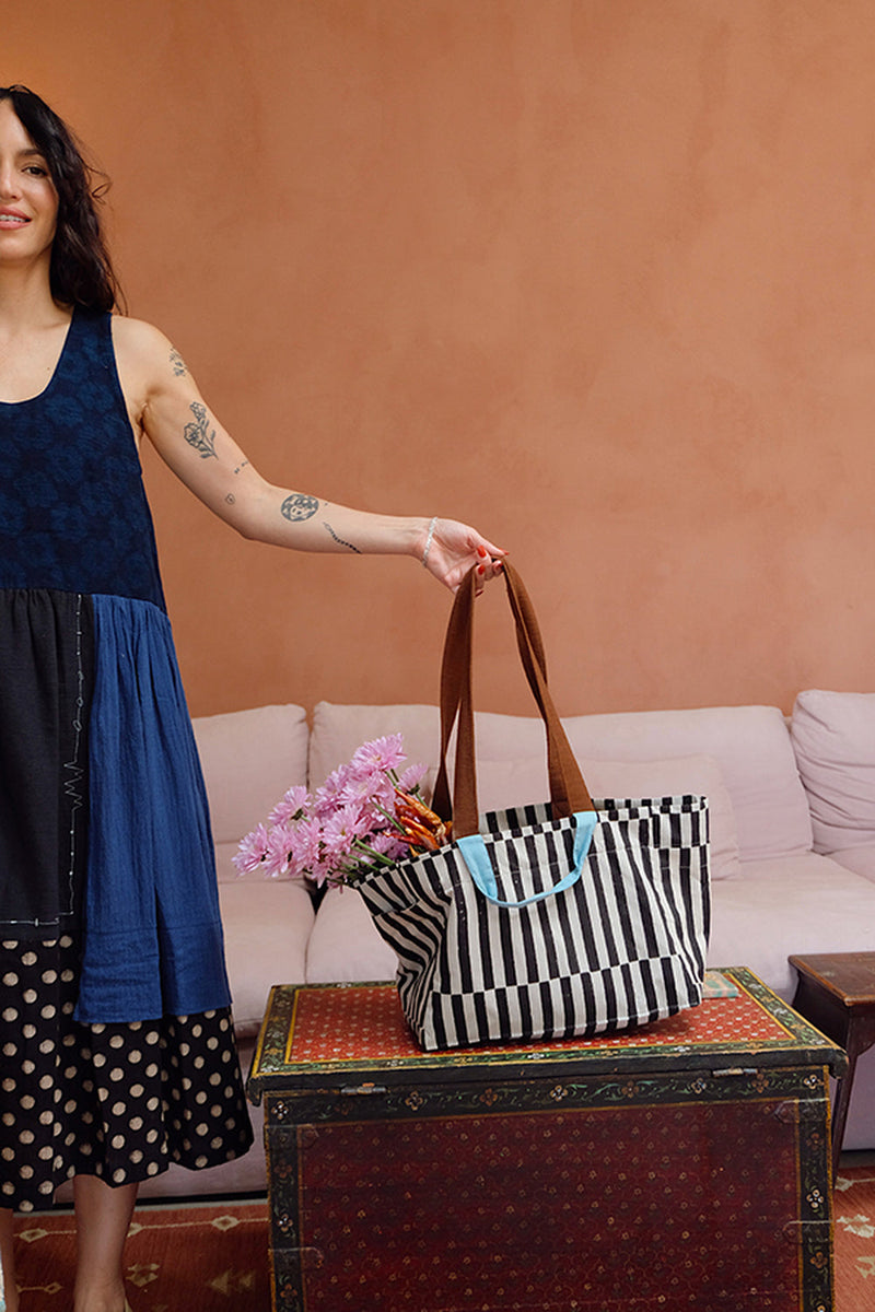 The Boat Bag-Monochrome Stripe hand block printed cotton bag by World of Crow in black,white for women in Singapore