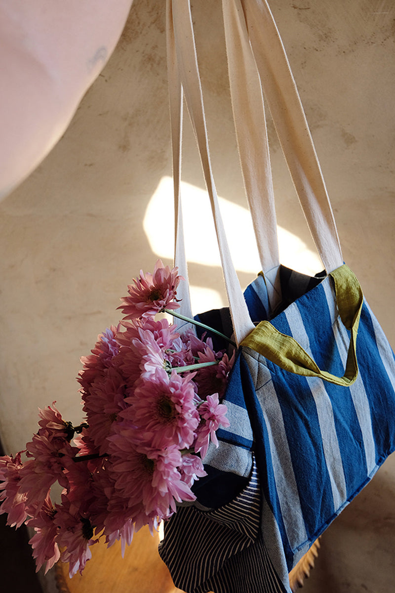 The Boat Tote-Indigo Stripe handwoven indigo khadi and fine-striped cotton bag by World of Crow in indigo,white for women in Singapore