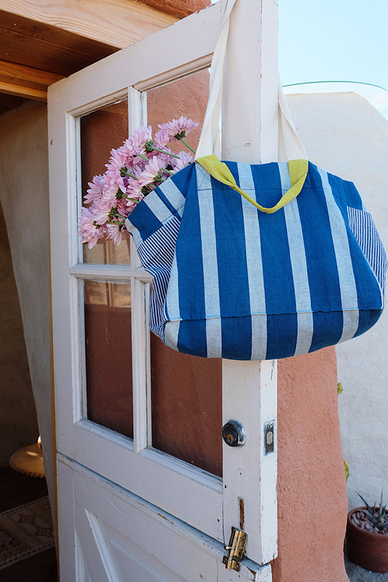 The Boat Tote-Indigo Stripe handwoven indigo khadi and fine-striped cotton bag by World of Crow in indigo,white for women in Singapore