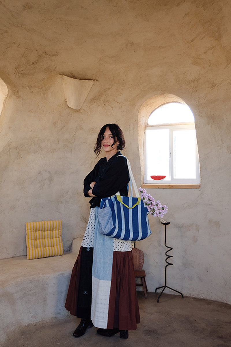 The Boat Tote-Indigo Stripe handwoven indigo khadi and fine-striped cotton bag by World of Crow in indigo,white for women in Singapore
