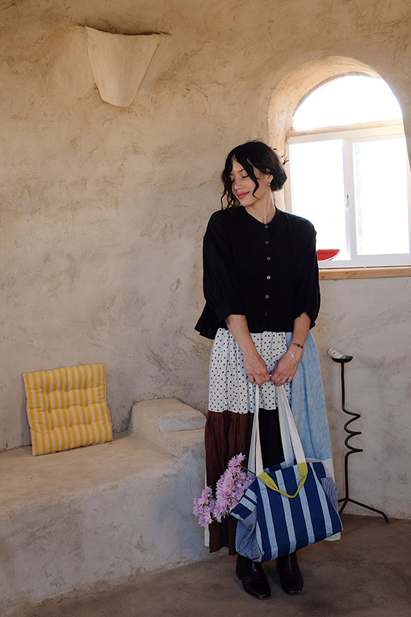 The Boat Tote-Indigo Stripe handwoven indigo khadi and fine-striped cotton bag by World of Crow in indigo,white for women in Singapore