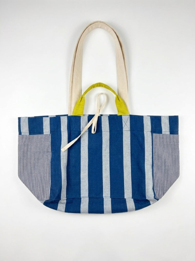 The Boat Tote-Indigo Stripe handwoven indigo khadi and fine-striped cotton bag by World of Crow in indigo,white for women in Singapore