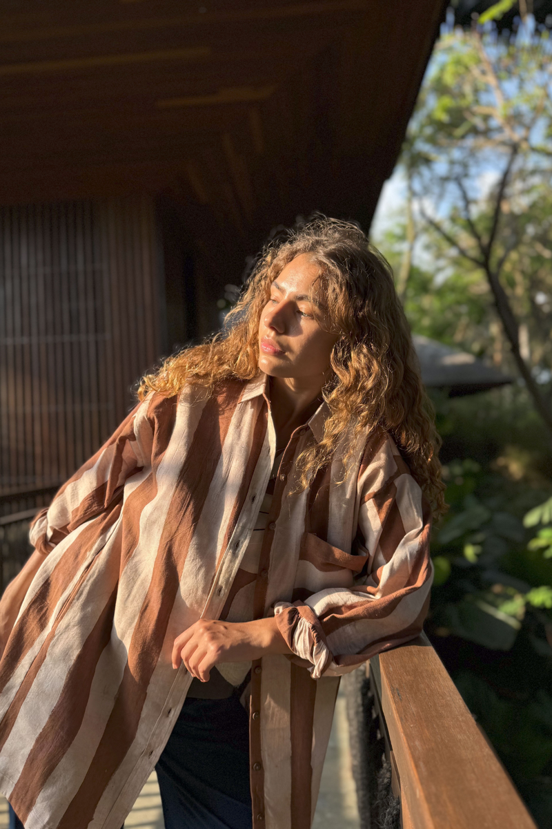 The Brown Striped Amri Jacket cotton by World of Crow in brown color for women in Singapore