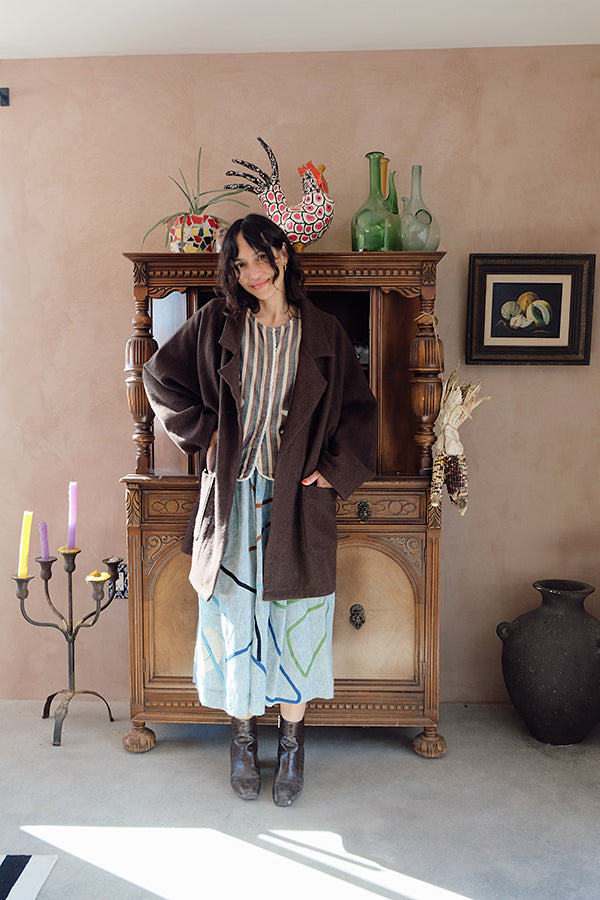 The Brown Vintage Artist Coat 100% handloom, hand-spun, and hand-woven natural himalayan sheep wool jacket/overlay by World of Crow in brown for women in Singapore