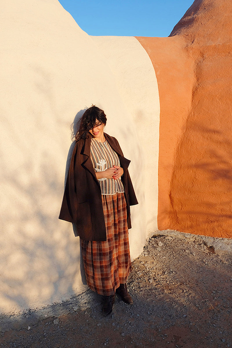 The Brown Vintage Artist Coat 100% handloom, hand-spun, and hand-woven natural himalayan sheep wool jacket/overlay by World of Crow in brown for women in Singapore