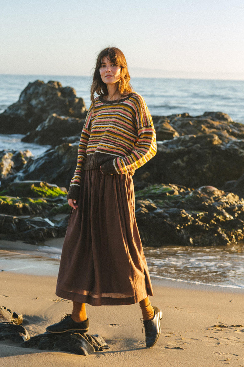 The Chocolate Brown Pull-on Skirt cotton by World of Crow in brown color for women in Singapore