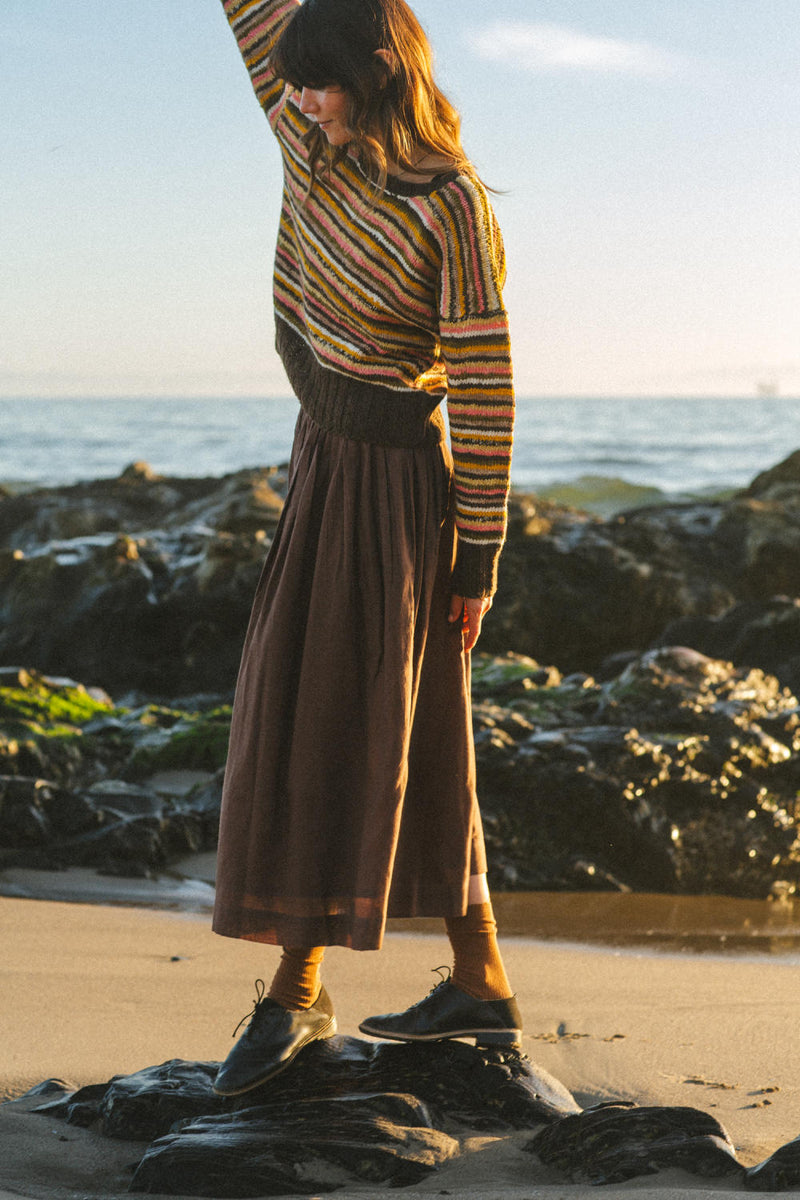 The Chocolate Brown Pull-on Skirt cotton by World of Crow in brown color for women in Singapore
