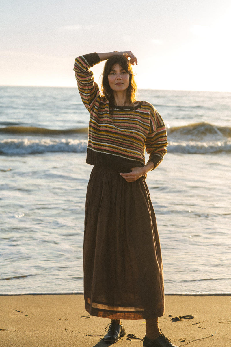 The Chocolate Brown Pull-on Skirt cotton by World of Crow in brown color for women in Singapore