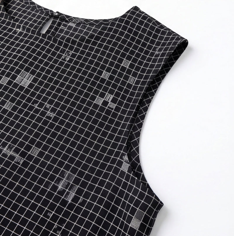 The Cinch Top–Black Grid Jamdani cotton jamdani top/shirt by World of Crow in black for women in Singapore