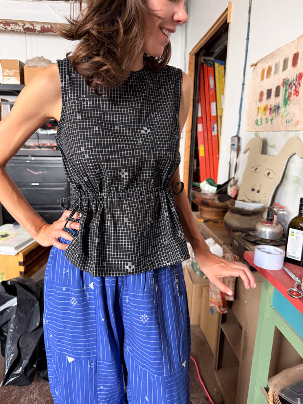 The Cinch Top–Black Grid Jamdani cotton jamdani top/shirt by World of Crow in black for women in Singapore