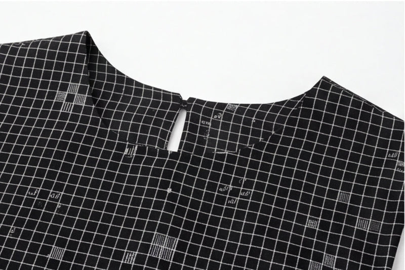 The Cinch Top–Black Grid Jamdani cotton jamdani top/shirt by World of Crow in black for women in Singapore