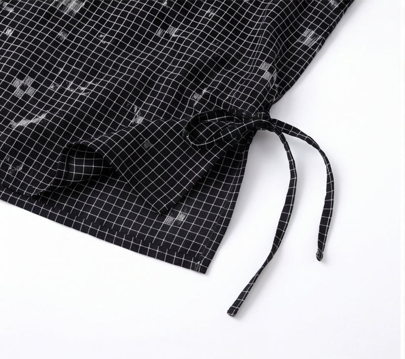 The Cinch Top–Black Grid Jamdani cotton jamdani top/shirt by World of Crow in black for women in Singapore