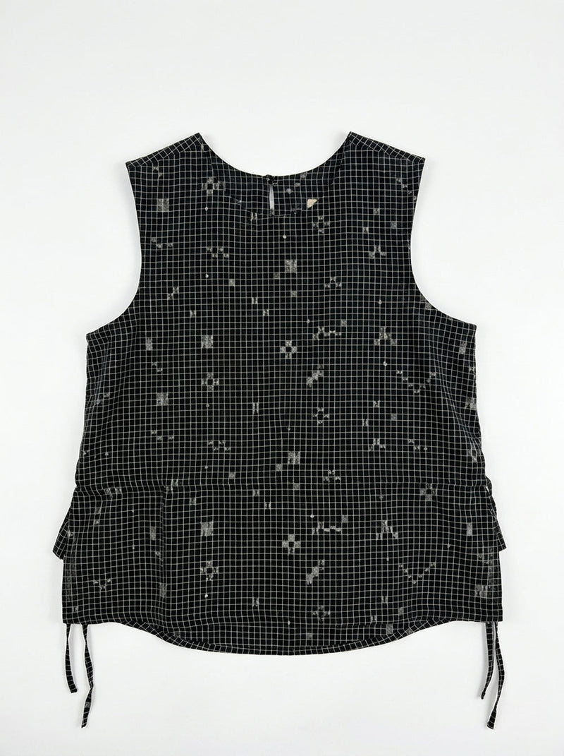 The Cinch Top–Black Grid Jamdani cotton jamdani top/shirt by World of Crow in black for women in Singapore