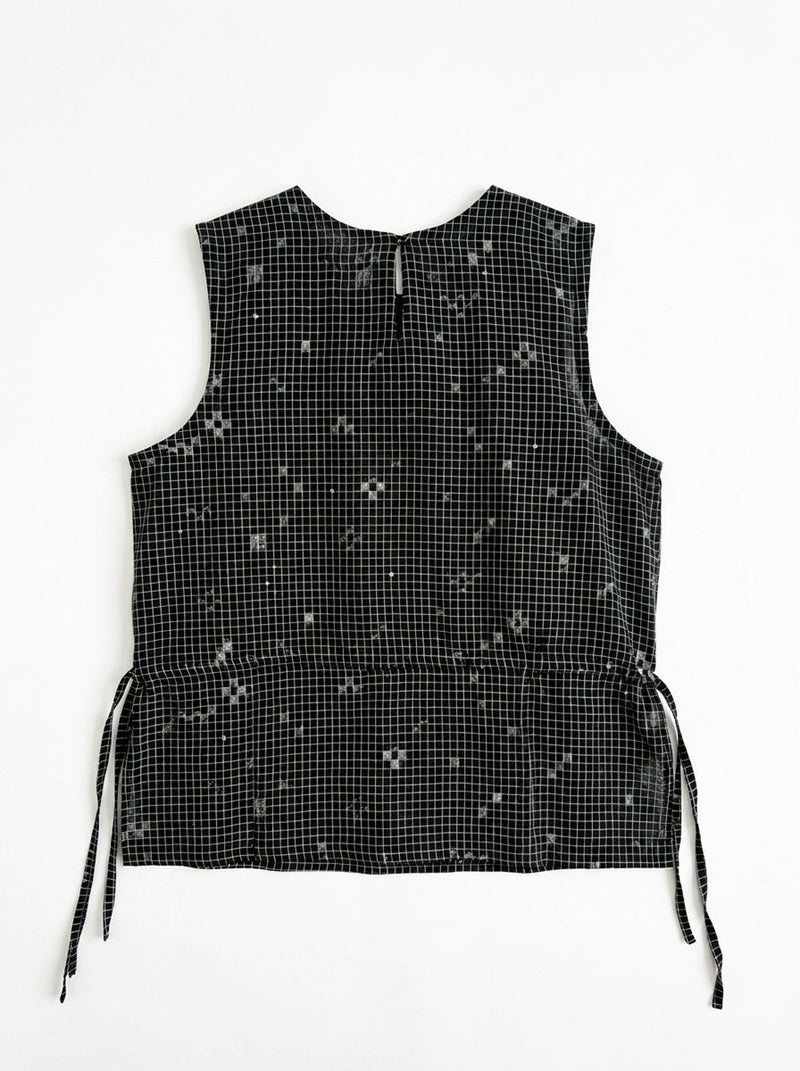 The Cinch Top–Black Grid Jamdani cotton jamdani top/shirt by World of Crow in black for women in Singapore