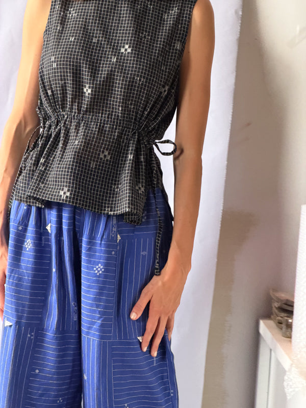 The Cinch Top–Black Grid Jamdani cotton jamdani top/shirt by World of Crow in black for women in Singapore