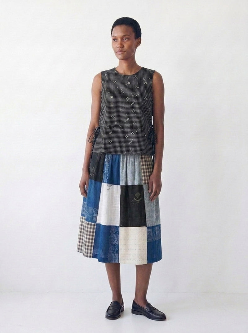 The Cinch Top–Black Grid Jamdani cotton jamdani top/shirt by World of Crow in black for women in Singapore