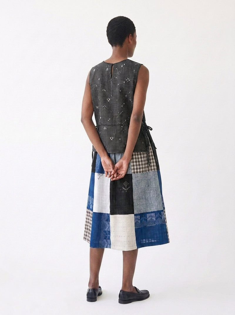 The Cinch Top–Black Grid Jamdani cotton jamdani top/shirt by World of Crow in black for women in Singapore