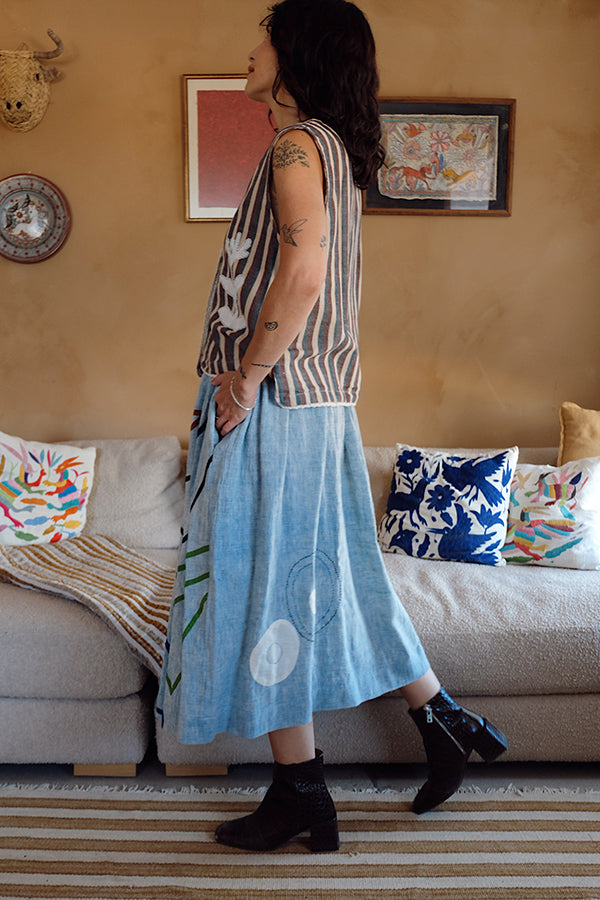 The Crayon Joy Skirt handwoven organic chambray cotton skirt by World of Crow in light blue indigo for women in Singapore