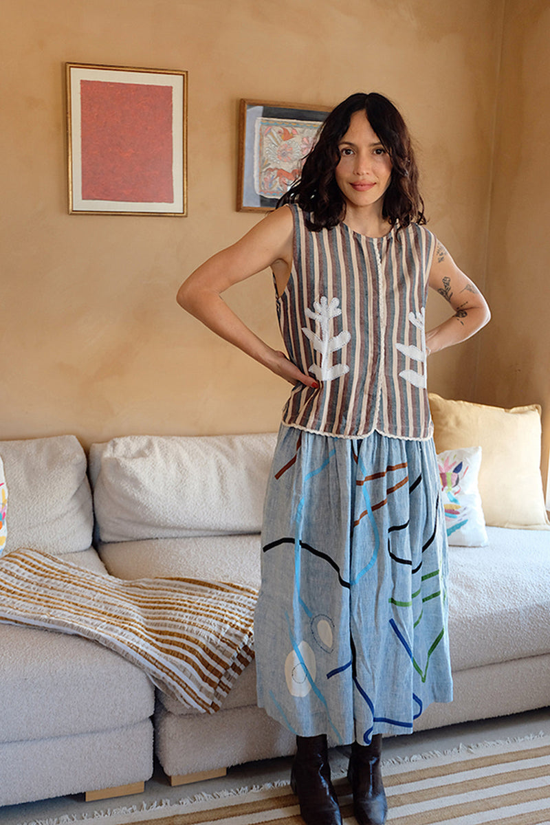 The Crayon Joy Skirt handwoven organic chambray cotton skirt by World of Crow in light blue indigo for women in Singapore