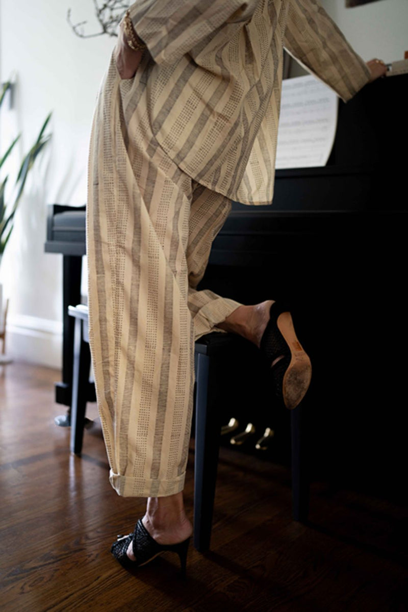 Pleated Pants - Print cotton by World of Crow in beige color for women in Singapore