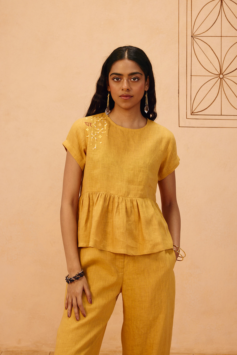 The Ghar Linen Peplum Top 100% linen top/shirt by SUI in mustard for women in Singapore