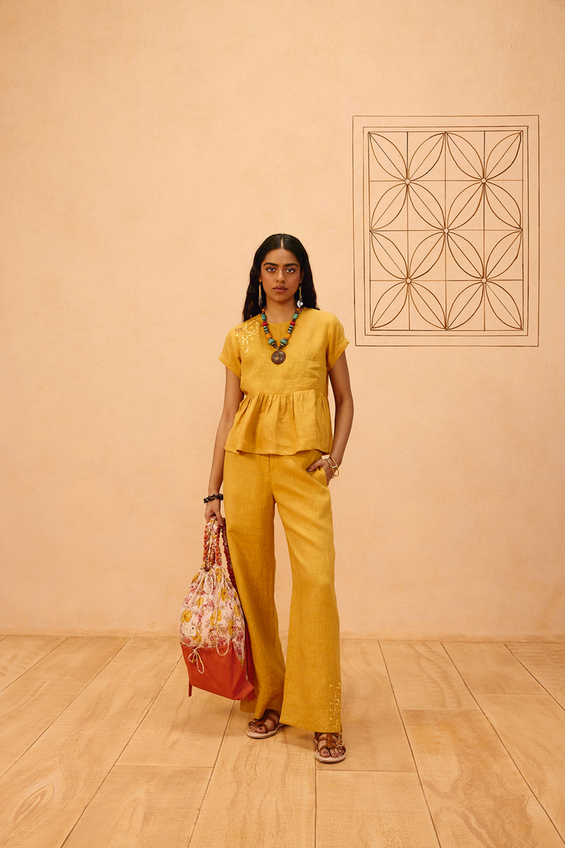 The Ghar Linen Peplum Top 100% linen top/shirt by SUI in mustard for women in Singapore