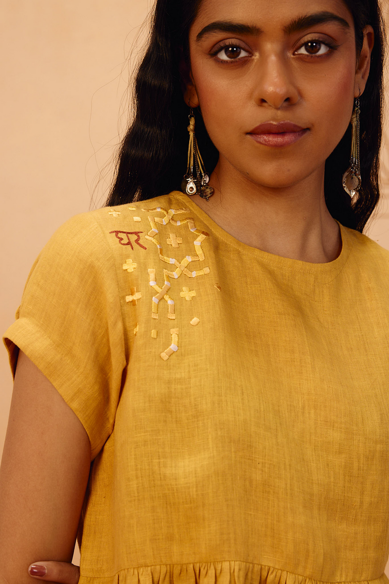 The Ghar Linen Peplum Top 100% linen top/shirt by SUI in mustard for women in Singapore
