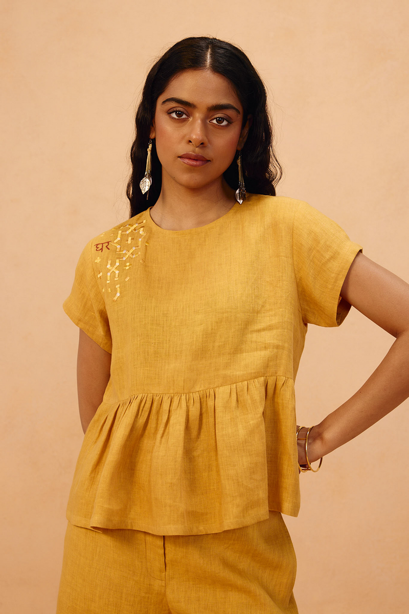 The Ghar Linen Peplum Top 100% linen top/shirt by SUI in mustard for women in Singapore