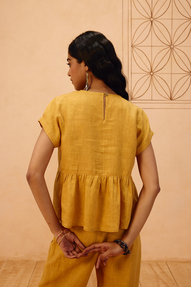The Ghar Linen Peplum Top 100% linen top/shirt by SUI in mustard for women in Singapore