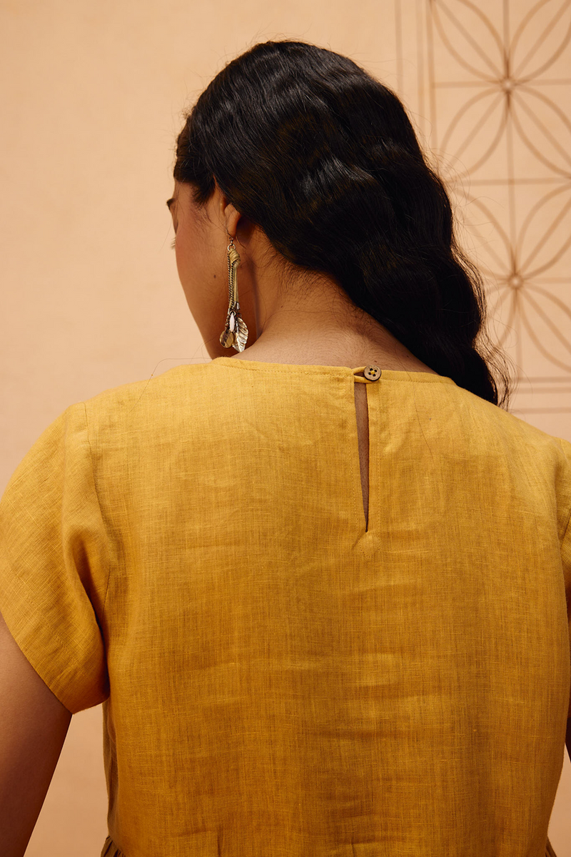 The Ghar Linen Peplum Top 100% linen top/shirt by SUI in mustard for women in Singapore