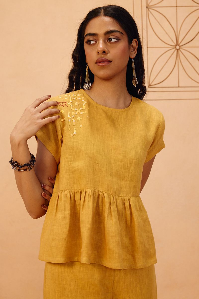 The Ghar Linen Peplum Top 100% linen top/shirt by SUI in mustard for women in Singapore
