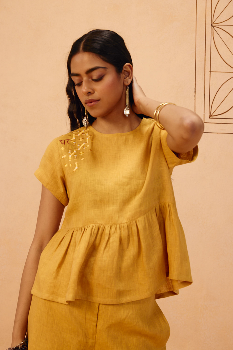 The Ghar Linen Peplum Top 100% linen top/shirt by SUI in mustard for women in Singapore