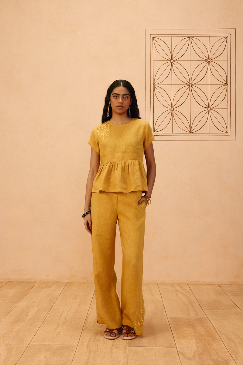 The Ghar Linen Peplum Top 100% linen top/shirt by SUI in mustard for women in Singapore