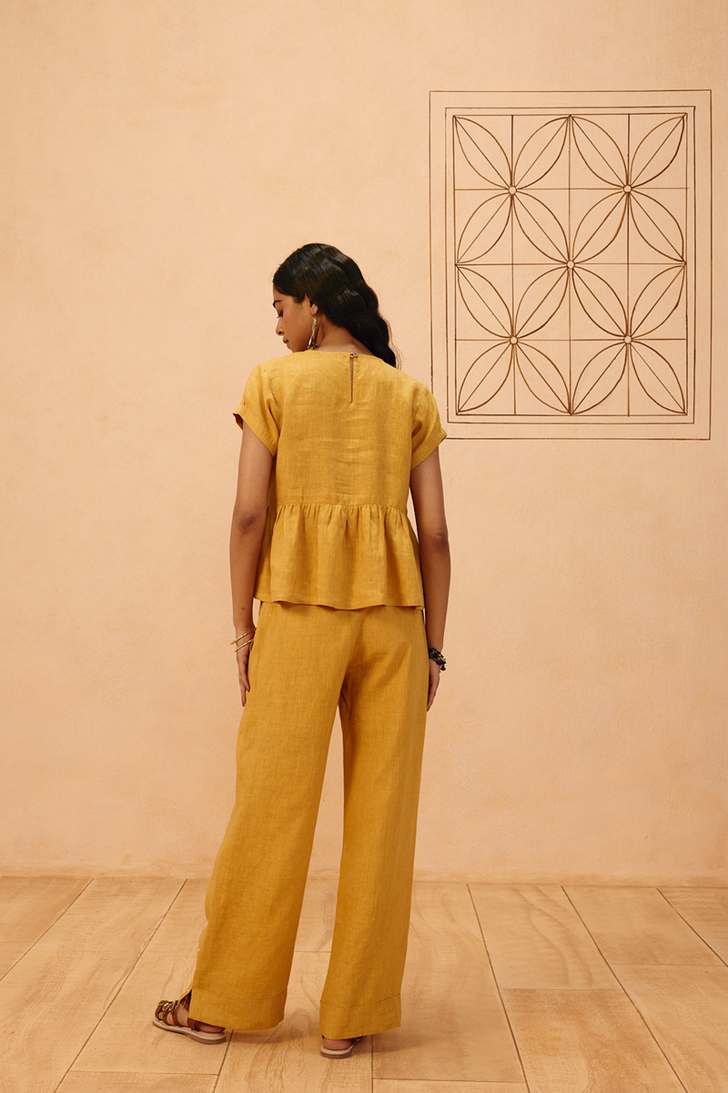 The Ghar Linen Peplum Top 100% linen top/shirt by SUI in mustard for women in Singapore